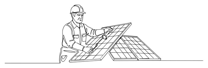 worker installing solar panels, black and white continuous line vector drawing