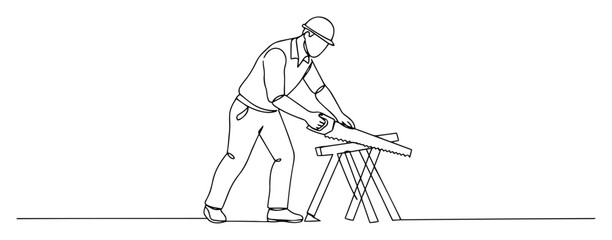 construction worker sawing a wooden plank, black and white line vector