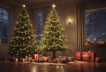 Magnificent tree, glowing lights, abundant presents ,  ribbon,  festive