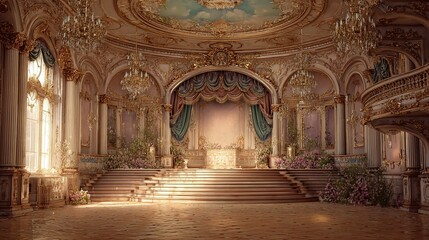 Ornate ballroom interior with stage staircase balcony and decorative architecture.