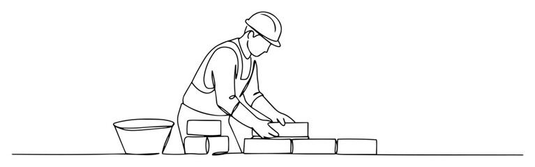 builder laying bricks in minimalist one line drawing, construction vector