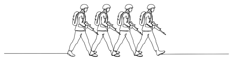 vector sketch of four armed soldiers marching in a line – continuous line drawing
