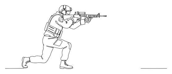 line art of a soldier aiming rifle in kneeling position, minimal military vector sketch