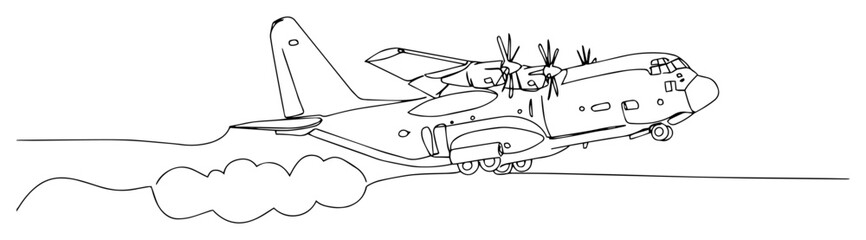 military airplane taking off drawn in continuous line vector style, minimal aircraft sketch