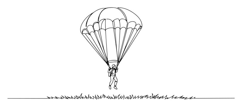 skydiver with parachute landing on ground, black and white vector in minimalist line art style