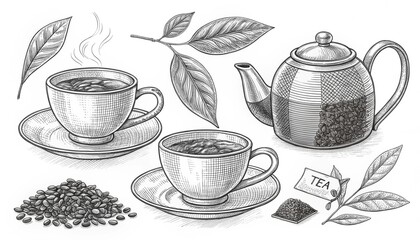 Vintage engraving style illustration set of tea cups, tea pot, tea leaves, tea bag, tea seeds, detailed linework