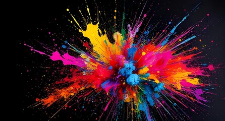 Vibrant explosion of colorful paint against a stark black background creating a dynamic abstract design