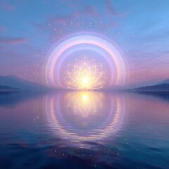Glowing lotus over serene lake with pastel sky and mountain backdrop, mirrored in the water, creating a peaceful, mystical scene.