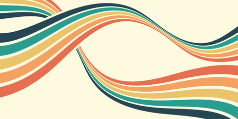 Abstract colorful 70s background vector. Vintage retro wallpaper with rainbow stripes and wavy lines. A 1970 color illustration suitable for posters, banners, decorative items and wall art.