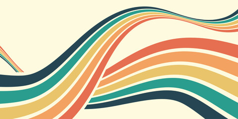 Abstract colorful 70s background vector. Vintage retro wallpaper with rainbow stripes and wavy lines. A 1970 color illustration suitable for posters, banners, decorative items and wall art.