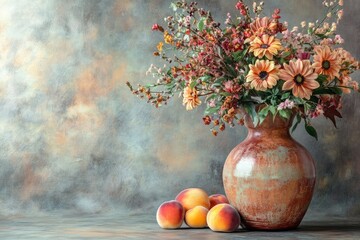 A rustic still life featuring a bouquet of autumnal flowers in a ceramic vase, accompanied by a group of ripe peaches. © imagepocket pro