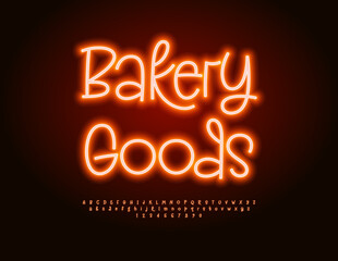 Vector Glowing banner Bakery Goods for Cafe and Shop. Bright Led Illumination  Font. Funny Neon Alphabet Letters and Numbers set.