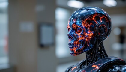 Futuristic Robot Head with Glowing Circuitry Design Displayed in a Modern Interior Space