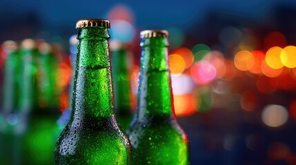 Green beer bottles with condensation against a blurred party background, ready for a celebration or social event