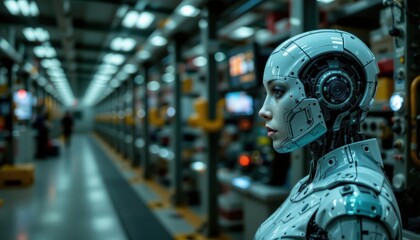 Profile of a Female Robot in an Industrial Factory Setting with Advanced Technology and Machinery