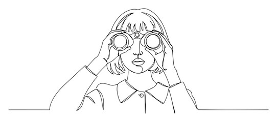 minimalist line art of woman using binoculars, black and white observer vector