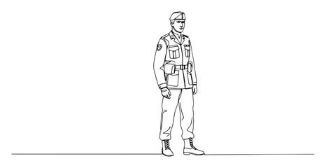 retro-style line art of soldier in military uniform standing in pose, clean vector outline

