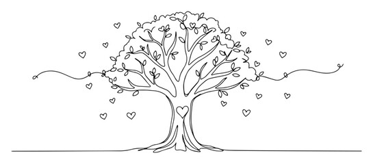 romantic tree with hearts drawn in one continuous line vector style for love themes