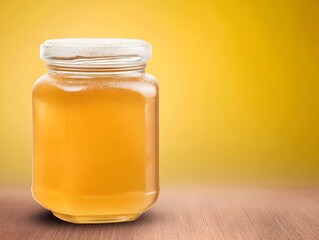 A jar of golden honey sits invitingly on a wooden surface, its smooth, clear liquid promising sweetness against a vibrant yellow backdrop creating warmth and light.