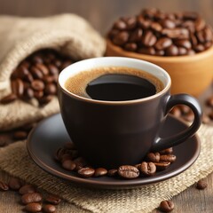 Fototapeta premium A steaming cup of coffee surrounded by coffee beans, ideal for energizing moments and cozy atmospheres.
