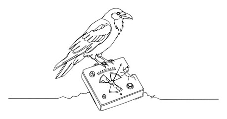 crow perched on damaged geiger counter, postapocalyptic line vector
