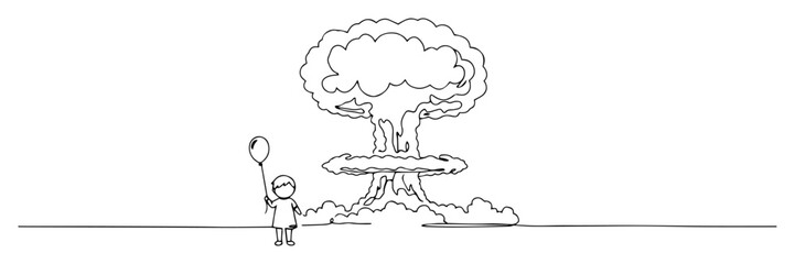 child with balloon in front of nuclear explosion, concept vector illustration