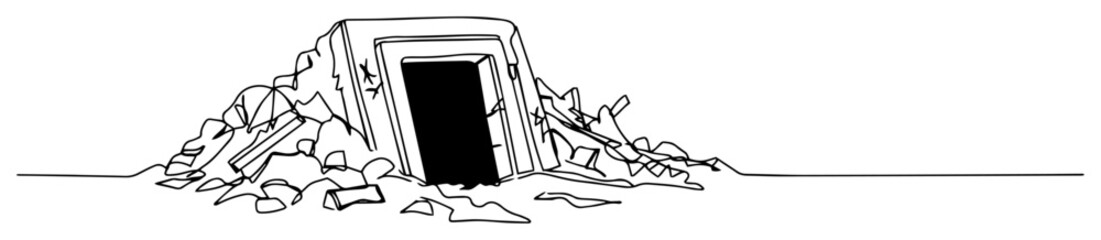 collapsed bunker buried in debris, postapocalyptic black and white line vector
