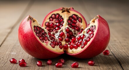 Halved Pomegranate with Seeds on Wooden Surface Still Life