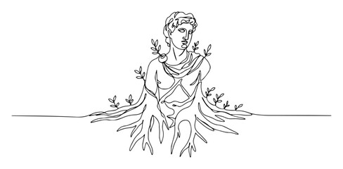 sculpture-like figure with growing plants, one line vector blending human and nature