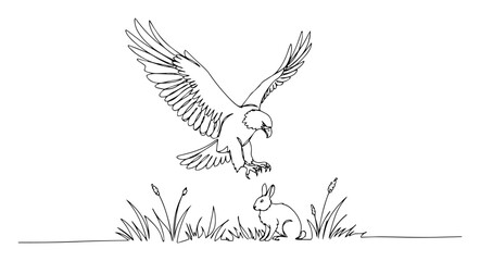 eagle swooping down on rabbit in nature scene, minimalist predator and prey line vector