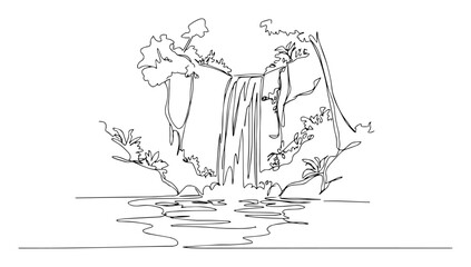 forest waterfall surrounded by rocks and trees, peaceful natural scene in hand-drawn black and white vector style