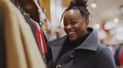 Joyful Shopping Spree: A Woman's Happy Discovery in a Clothing Store