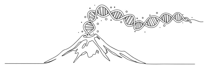 creative line drawing of volcano erupting dna helix, merging science and nature