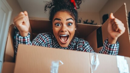 Playful Cardboard Adventure: A Young Woman's Joyful Expression