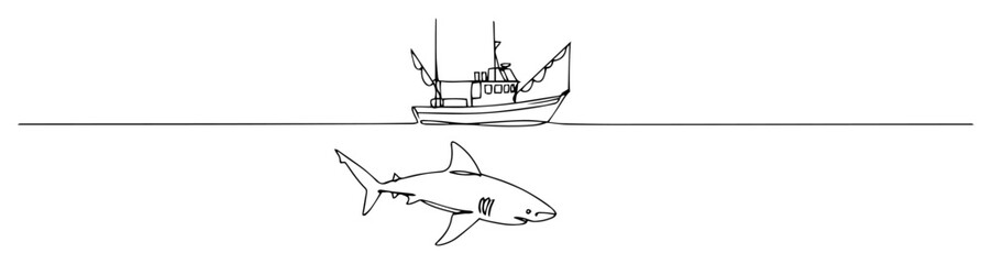black and white vector showing shark underwater near fishing boat in outline style