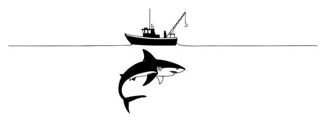 shark under fishing boat black and white vector