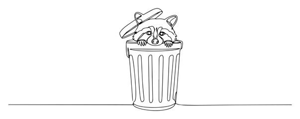 hand drawn vector of a raccoon peeking from trash can, playful animal illustration