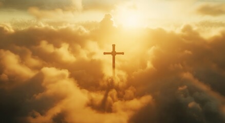 Floating cross in heaven with blue sky and bright light, a spiritual Christian symbol of peace and eternity.