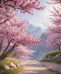 Fototapeta premium Delicate pink cherry blossoms frame a vibrant spring scene , nature, pink spring, floral design