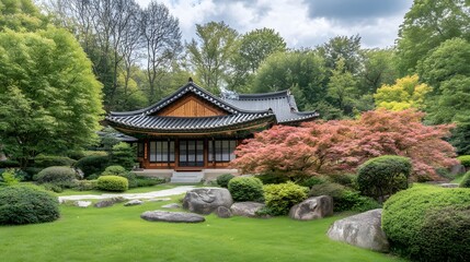 Obraz premium Serene Asian Garden House with Lush Greenery and Red Maple Trees