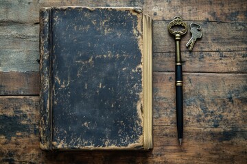 Antique book, keys, and pen on rustic wood