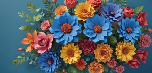 Colorful paper flower arrangement on blue  Ideal for greeting cards ,  design element,  handmade,  celebration