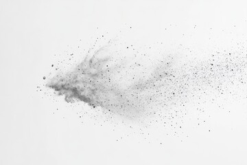 A monochrome explosion of dark dust particles spread across a clean white background, creating an abstract and dynamic effect.