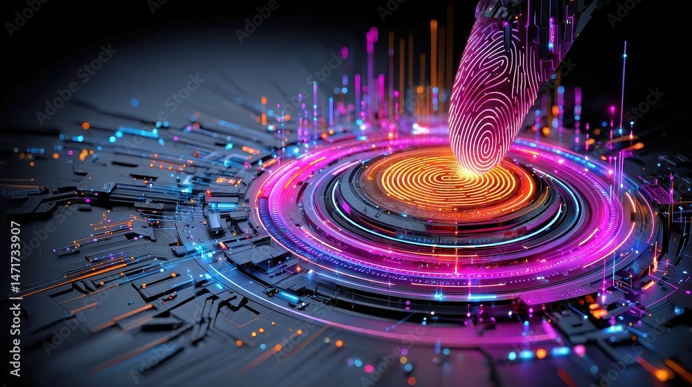 Poster glowing digital fingerprint scanner, an advanced security device featuring an illuminated interface,