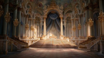 Obraz premium Ornate hall with columns stairs and drapes in gold and blue tones.