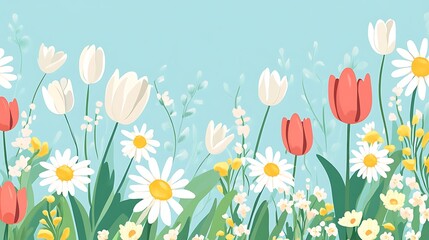 Spring flowers border with pastel background.