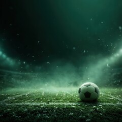 Fototapeta premium Soccer Ball on Field: Dramatic lighting illuminates a classic soccer ball on a green field with a blurred stadium background, evoking game-day excitement.