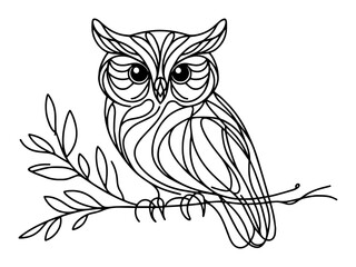 decorative line art vector of owl sitting on branch, black and white minimalist style