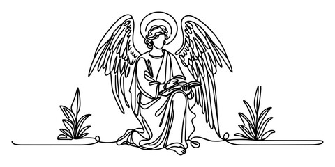 black and white vector of kneeling angel with open book, symbolic religious line drawing