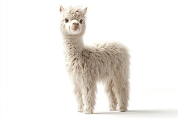 Obraz premium A cute fluffy white alpaca stands on a white background, looking adorable with a gentle smile and soft fur.